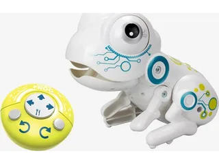 Imagen oficial de la rana Silverlit Robo Frog blanca y su mando amarillo.