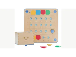 Render oficial de Cubetto+ con su robot de madera, tablero de 18 pasos y bloques