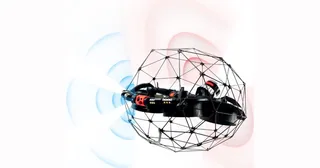 Representación oficial del dron Elios 3 dentro de su jaula protectora.