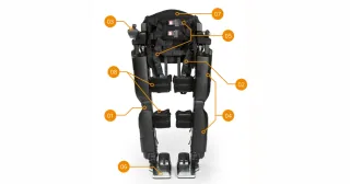 REX completo visto de frente, con cinturón, soportes de piernas y ambos apoyos para pies en la fotografía técnica de Rex Bionics.