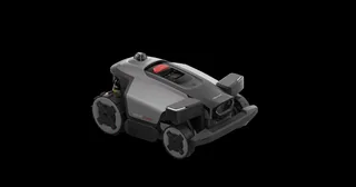Render oficial de RockMow Z1 LiDAR gris visto en tres cuartos, con sus ruedas y sensores frontales visibles.