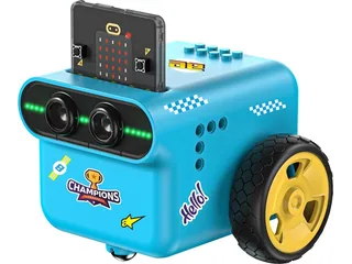 TPBot EDU azul con ruedas amarillas y una placa micro:bit instalada en la parte superior