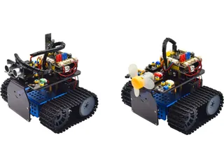 Dos configuraciones montadas del Mini Tank V3 con orugas: una con ventilador y otra con matriz LED.