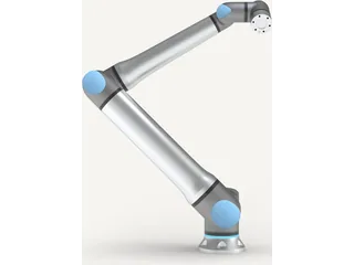 Render oficial del brazo industrial UR20 de Universal Robots, con articulaciones azules.