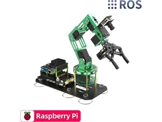 DOFBOT Pi verde de Yahboom con pinza, cámara y base electrónica, en una imagen comercial con logotipos ROS y Raspberry Pi
