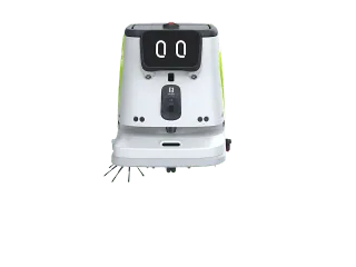 Imagen frontal del robot de limpieza PUDU CC1 Pro blanco, con pantalla negra, detalles verdes y cepillos inferiores.