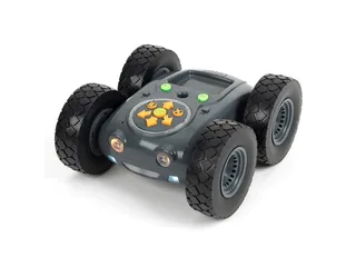 Rugged Robot de TTS gris con cuatro ruedas y botones de programación en la parte superior