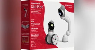 Caja oficial de ClicBot Starter Kit con dos configuraciones del robot.