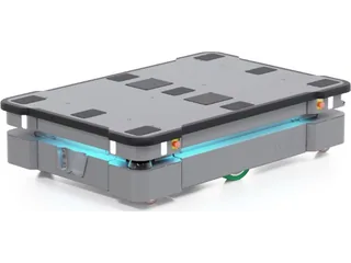 Render oficial del MiR600 gris con plataforma superior rectangular y franja luminosa azul