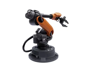 Brazo WLKATA Mirobot negro y naranja con seis articulaciones y pinza