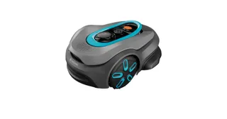 Render oficial del GARDENA smart SILENO sense, con carcasa gris y detalles turquesa.