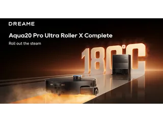 Render oficial del Dreame Aqua20 negro, con el rodillo lateral extendido, vapor representado bajo el robot y su estación al fondo.