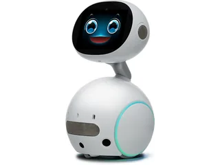 Zenbo Junior blanco con pantalla facial oscura, cuello corto y base redondeada.