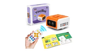 VinciBot con el mando, el rotulador y los materiales de su kit de programación