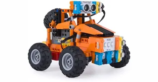 Fotografía oficial del ELEGOO Building Block Car naranja, con ruedas y sensor ultrasónico frontal.