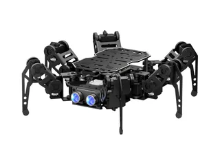 Hexápodo negro miniHexa de Hiwonder con seis patas y sensor ultrasónico frontal
