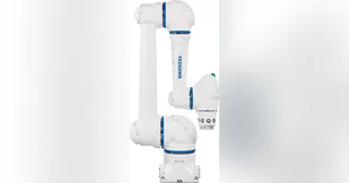 Render oficial del cobot Yaskawa HC10DTP blanco con aros azules en sus articulaciones