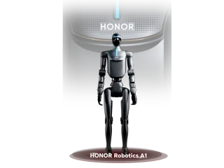 Render oficial de HONOR Robotics A1, con cuerpo plateado, rostro negro y una luz azul en el pecho, identificado con el nombre del modelo.