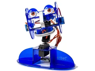 Cabeza azul de Ohbot 2.2 con sus mecanismos de ojos, párpados y boca