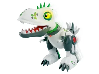 DinoPunk blanco y verde con mandíbula abierta y cola articulada.