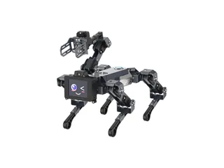 DOGZILLA-Lite negro con cuatro patas, brazo superior con pinza y una cara en la pantalla frontal