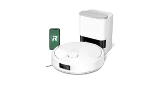 Render oficial del Roomba Max 705 Vac blanco junto a su base y una pantalla de la aplicación.