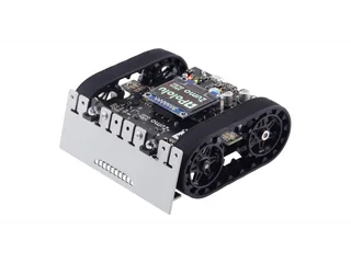 Zumo 32U4 OLED de Pololu con orugas, pala frontal y pantalla sobre la placa