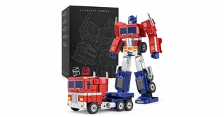 Robosen Flagship Optimus Prime 2026 junto a su caja.