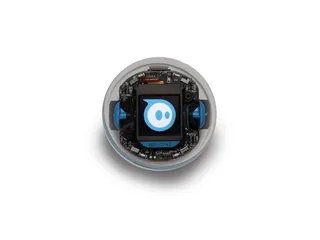 Sphero BOLT+ con carcasa transparente y una cara azul en su pantalla LCD