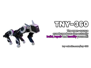 Render promocional oficial de TNY-360 completo, con cuatro patas articuladas y cabeza con pantalla, junto al logotipo del proyecto.