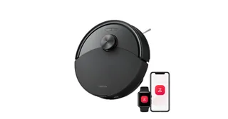 Imagen oficial de un Roborock Q10 de la familia S5 y X5 con accesorios y pantallas de control.