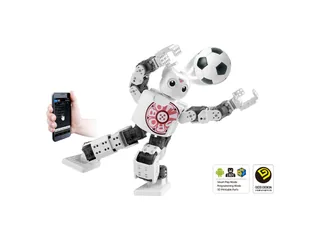 Humanoide ROBOTIS MINI blanco y negro con cabeza redondeada y brazos articulados