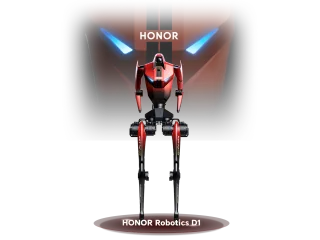 Render oficial de HONOR Robotics D1, con torso rojo, luces azules y piernas negras, identificado con el nombre del modelo.
