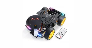 Fotografía oficial del coche Freenove 4WD ESP32-CAM negro y amarillo, con cámara y mando infrarrojo.