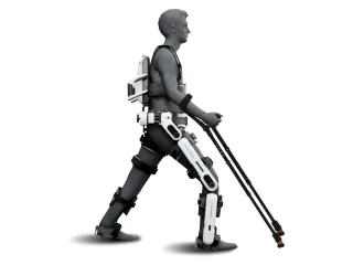 Render oficial de Angel Legs M20 colocado sobre una figura humana con muletas.