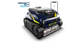 Zodiac Freerider RF 5400 iQ azul y amarillo con cepillos frontales.