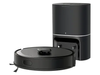 Tapo RV30 Max Plus negro delante de su base de vaciado.