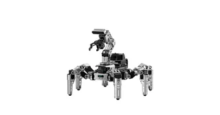 Render oficial del hexápodo ROSpider gris con seis patas y un brazo superior.
