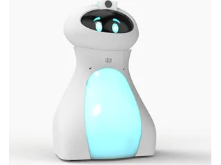 Oti-Bot blanco con rostro oscuro, ojos luminosos, cámara en la cabeza y vientre iluminado en azul
