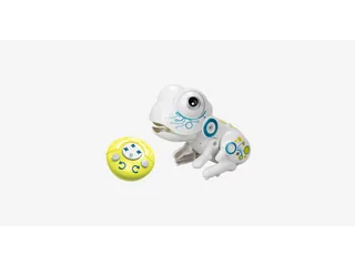 Imagen oficial de la rana Silverlit Robo Frog blanca y su mando amarillo.