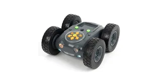Rugged Robot de TTS gris con cuatro ruedas y botones de programación en la parte superior