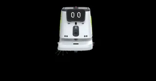 Imagen frontal del robot de limpieza PUDU CC1 Pro blanco, con pantalla negra, detalles verdes y cepillos inferiores.