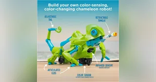 Imagen oficial del Coding Chameleon verde, con lengua extensible y etiquetas de sus sensores.