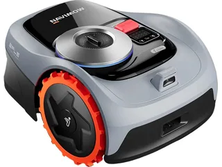 Cortacésped Segway Navimow i105E gris con ruedas delanteras de borde naranja sobre fondo blanco