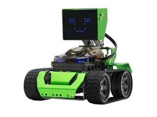 Qoopers de Robobloq en un montaje verde de orugas con pantalla de ojos LED