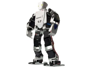 Robovie-X de Vstone de cuerpo entero, con estructura negra y carcasa blanca.