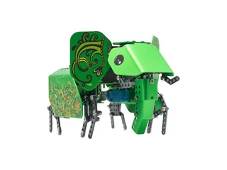Q-Elephant verde de Robobloq construido con piezas metálicas, trompa y patas articuladas