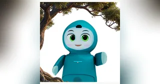 Render promocional de Moxie, robot azul con cara expresiva y brazos.