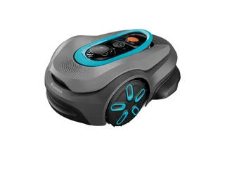 Render oficial del GARDENA smart SILENO sense, con carcasa gris y detalles turquesa.