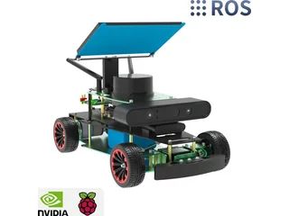 ROSMASTER R2 con cuatro ruedas de goma, cámara y lidar sobre un chasis de Yahboom